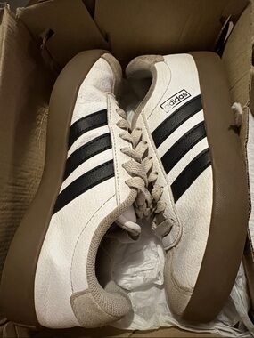 adidas Men’s Cream Sneakers with Black Stripes and Brown Sole